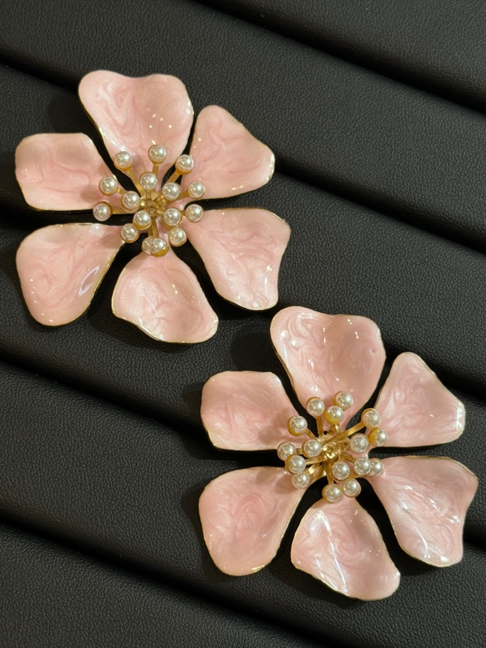 Golden Rose Pink Exaggerated Flower Statement Earrings Faux Pearl Cluster Center